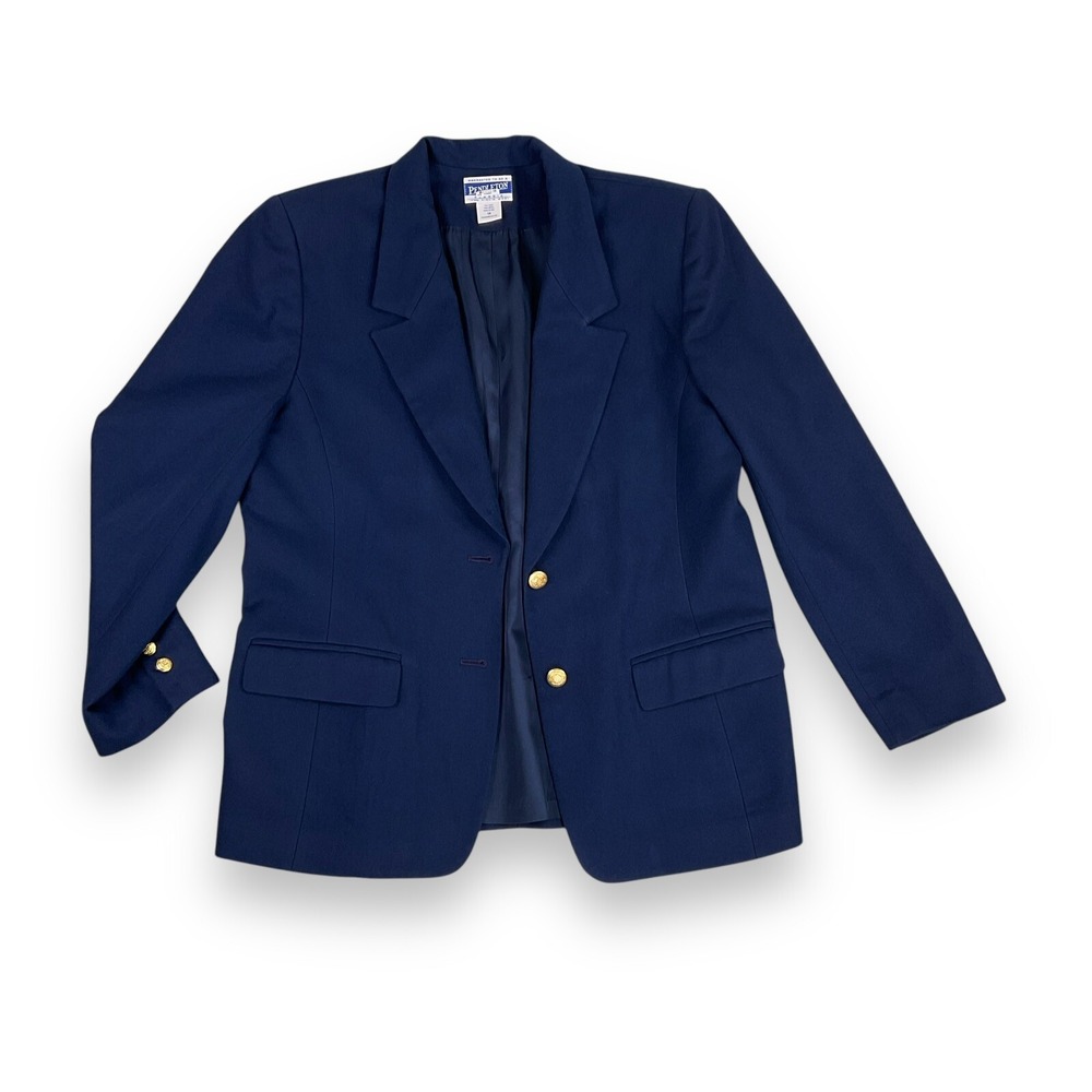 Pendleton Blazer Women 14 Blue Wool Long Sleeve Lined Gold Buttons Vintage